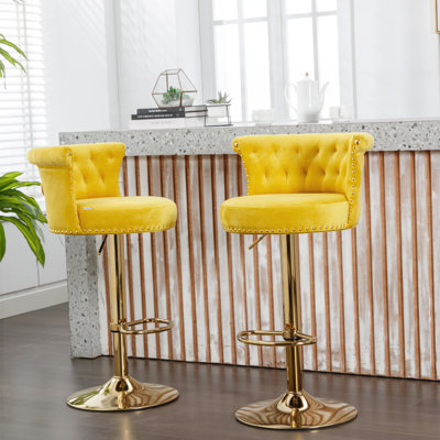 Set of 2 Luxury Velvet Bar Chair with Diamond Stitching, Gold Rivets, and Adjustable Height for Elegant Home Decor