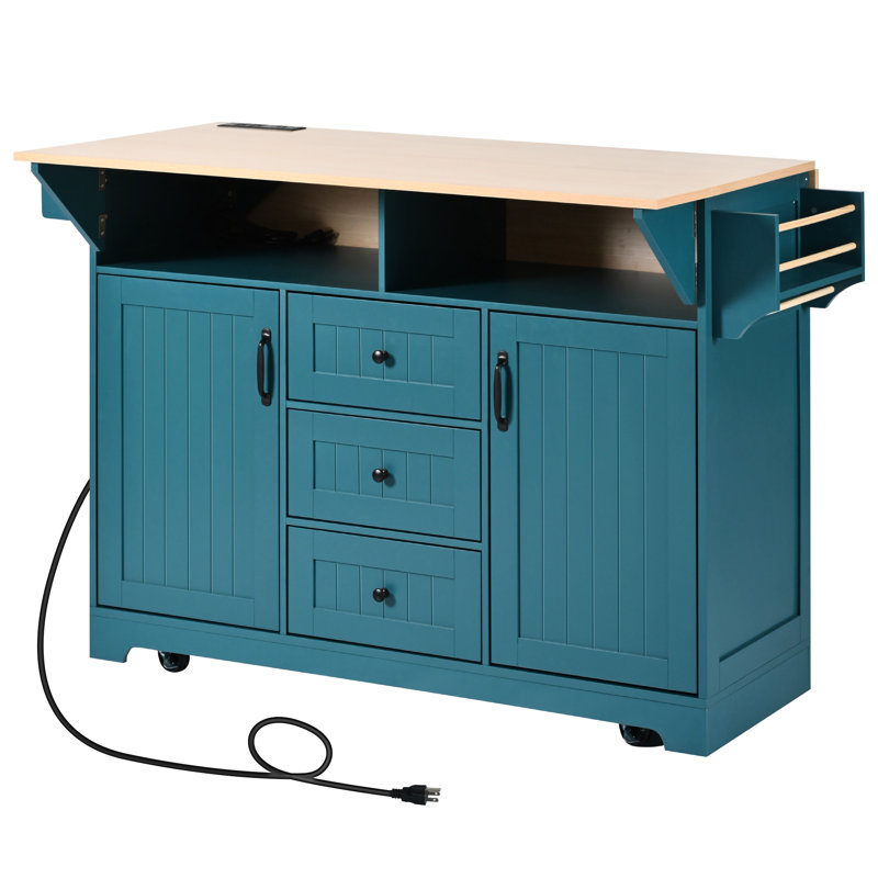 55.7" Kitchen Island With 2 Drop Leaf, Rolling On 5 Wheels, Power Supply, Folding Storage Table And Style, Feature, Charging Station, 3 Drawers, For Use