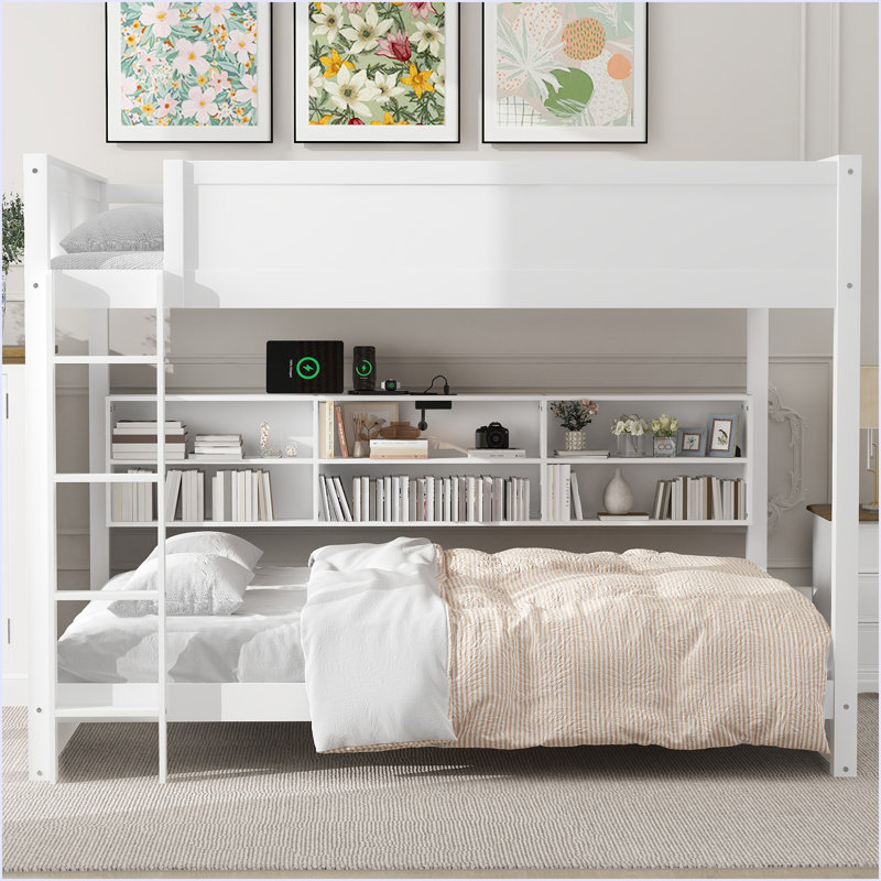 Lit superposé grand sur grand avec armoires de rangement et ports USB, Blanc