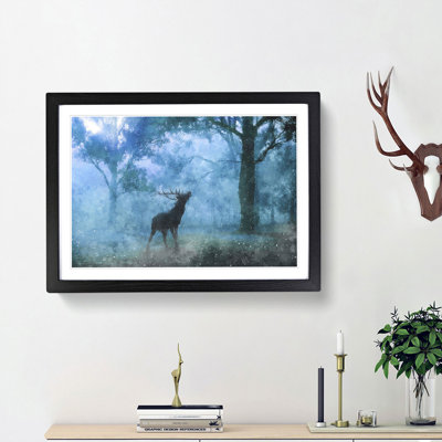Deer Stag in a Blue Forest - Picture Frame Graphic Art Print