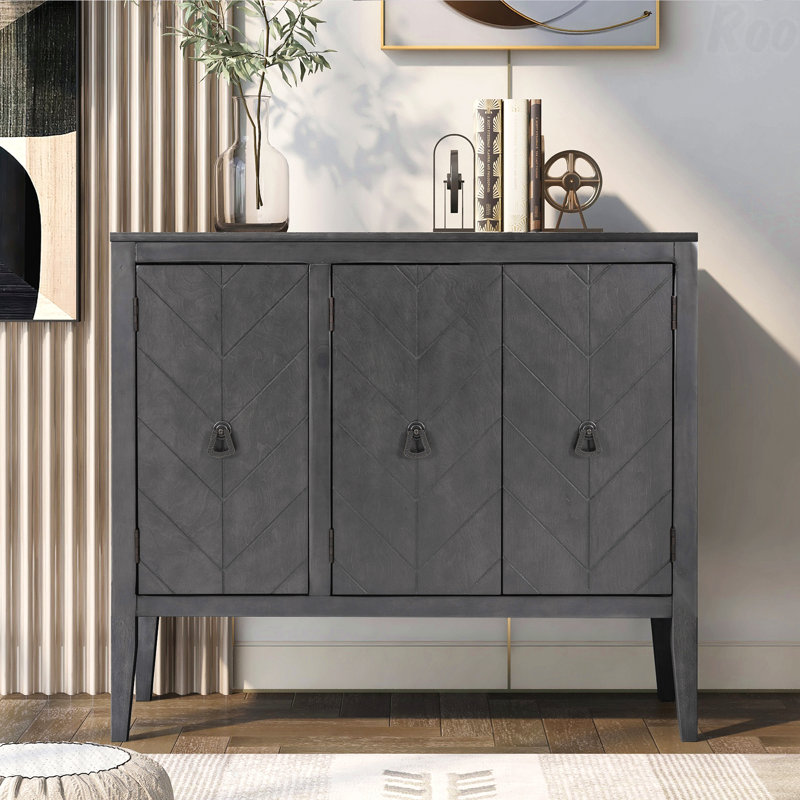 Buffet de rangement avec tablette réglable - 3 poignées rétro en métal, 4 pieds en pin, pour le vestibule et le salon, Gris