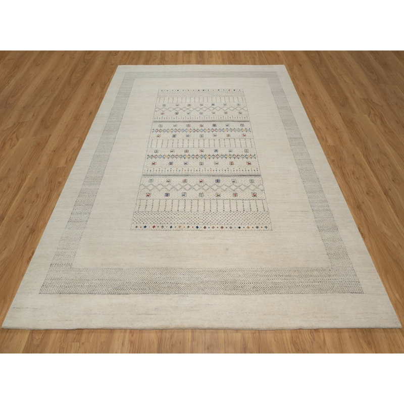 8'1"x10' Whisper White, Modern, Lori Buft Gabbeh with Small Animal Figurines, Soft Wool, Hand Knotted, Thick and Plush, Oriental Rug