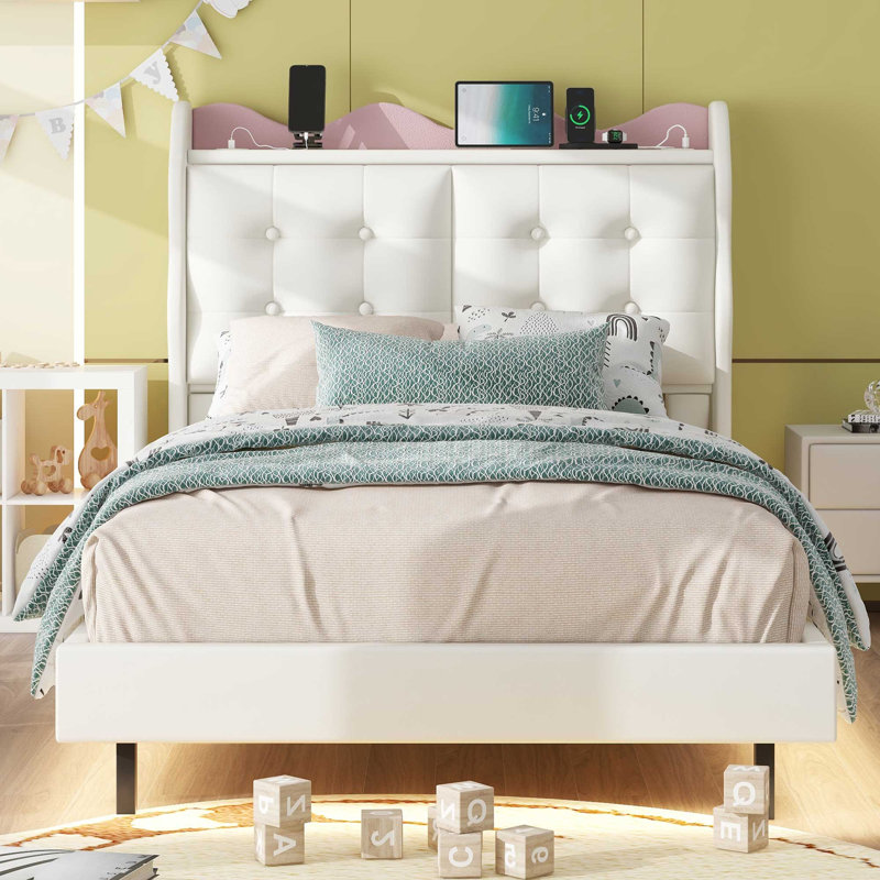 Size Upholstery Platform Bed Frame With LED Light Strips,Headboard Storage Space And Two USB Charging Deisgn,Beige