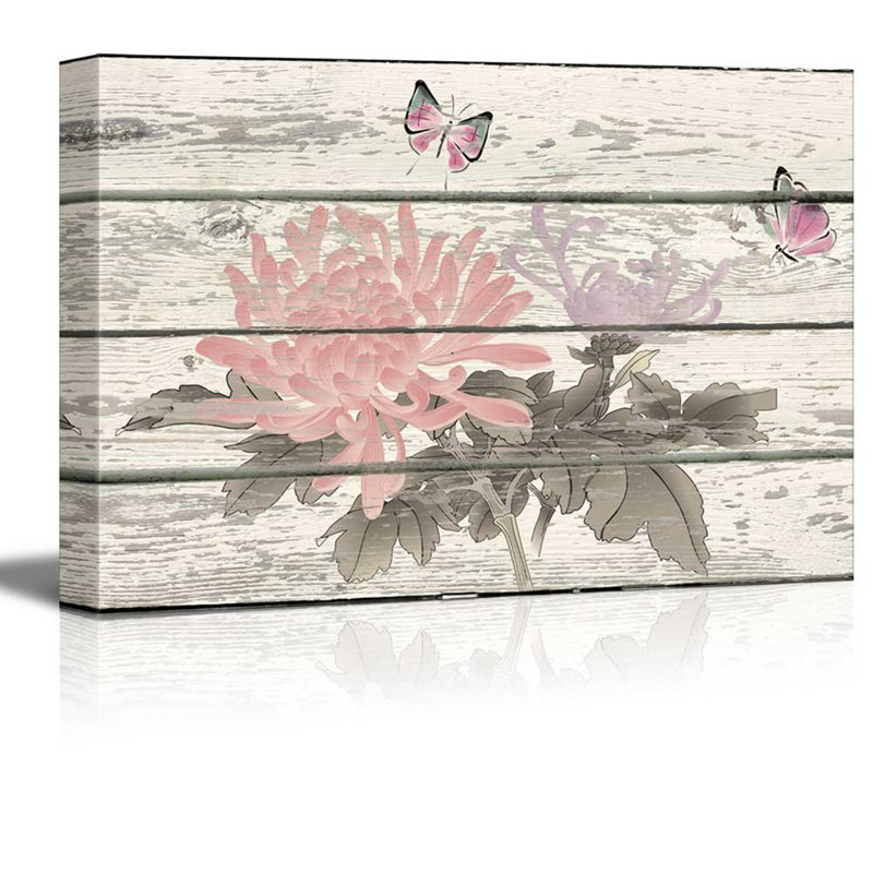 Flower Blossom " Butterflies And Flowers Pink And Blue Artwork Rustic Home Art ", 12" H x 18" W