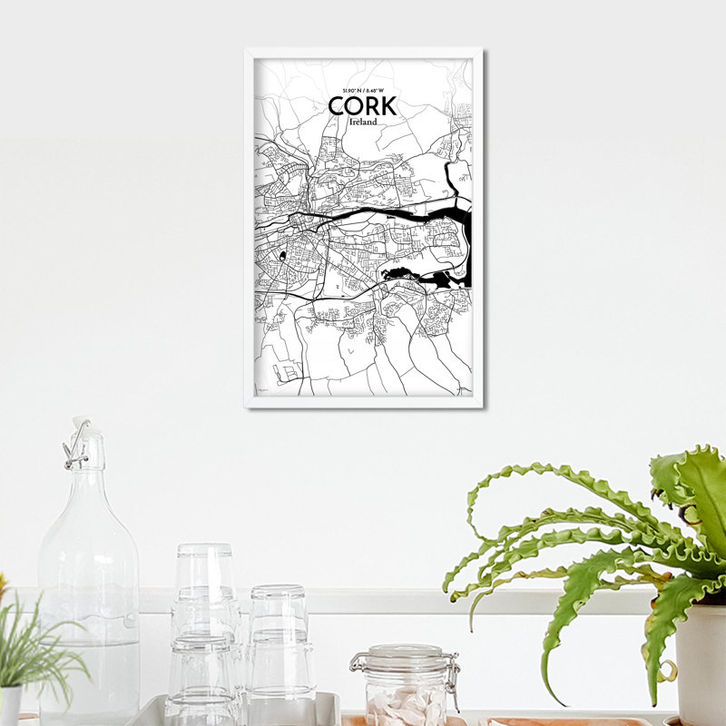 Cork City Map, impression, H 17 po x l 11 po, Noir et blanc