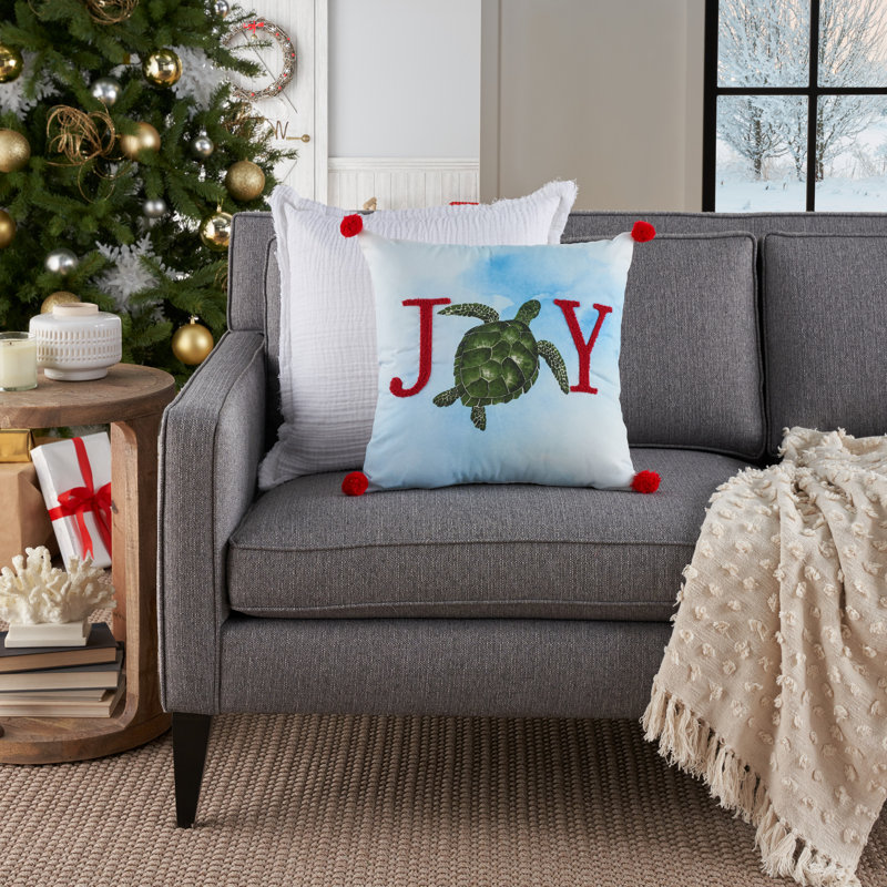 18" Multicolor Embroidered Holiday Sea Turtle Throw Pillow