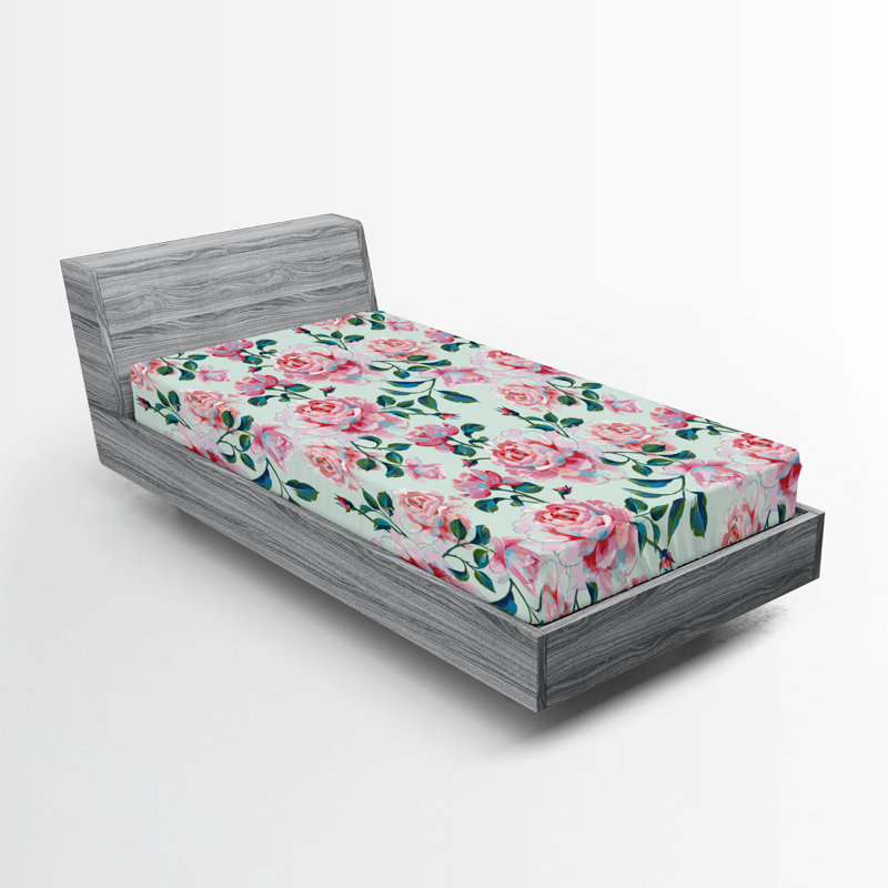 Drap-housse Ambesonne, Drap-housse pour lit simple TG, Vert forêt, rose pastel / floral