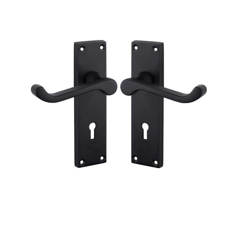 Golden Grace Victorian Scroll Lever Lock Door Handles in Matt Black Finish with Black 3 Lever Lock & Keys - 150mm x 40mm
