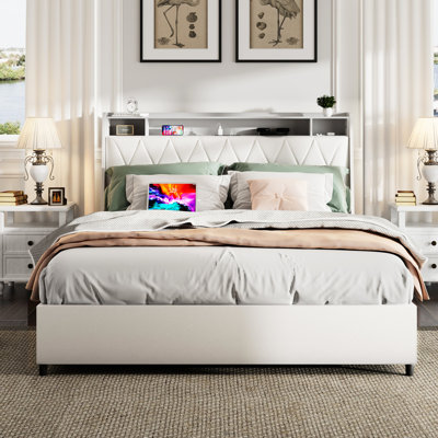Cadre de grand lit ergonomique avec tablette de rangement et tête de lit en métal