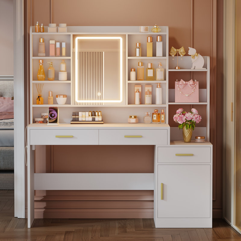 39.3''  Vanity Desk with HD Mirror and Lights,  Makeup Vanity with Power Strip, 3 Drawers and 9 Storage Shelves, Storage Behind the Mirror, Dressing Table with Bedside Table, White
