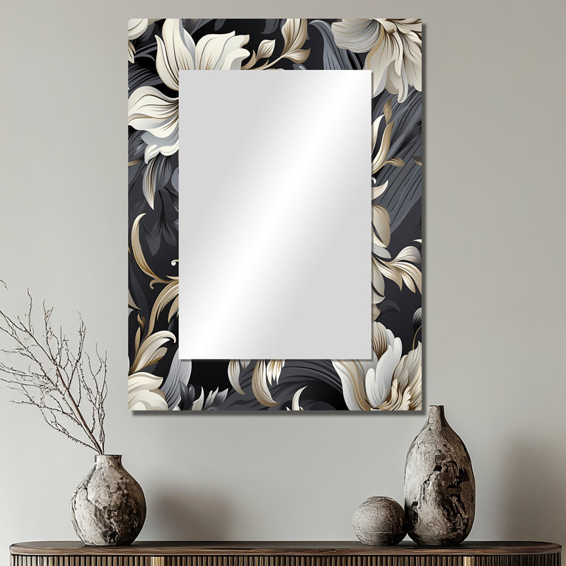 Élégance de fleurs noir foncé profond - miroir unique glamour, grand miroir mural moderne, impression d'art en métal