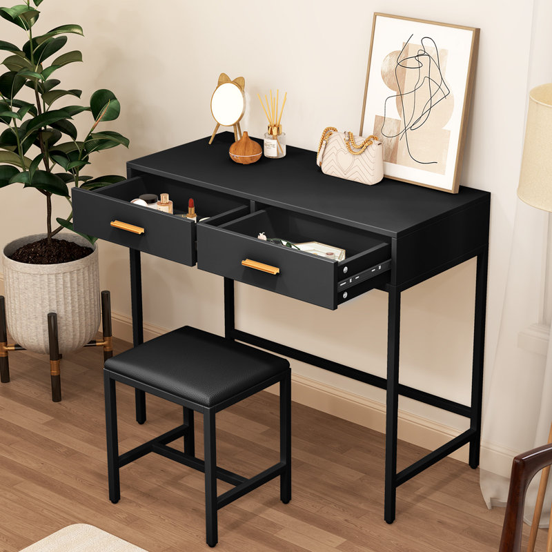 Bureau d'ordinateur noir avec 2 tiroirs, meuble-lavabo moderne avec tabouret, Noir