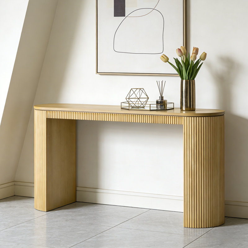 Curved Console Table With Unique Vertical Stripes, For Living Room, Study & Entryway, Natural