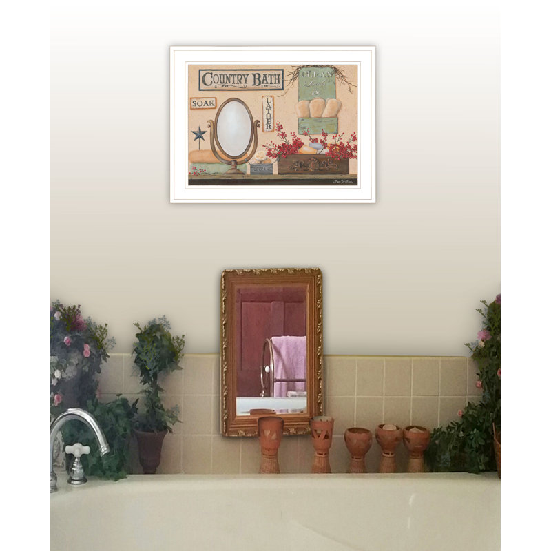 «Country Bath» par Pam Britton - reproduction de cadre photo sur papier, Cadre blanc