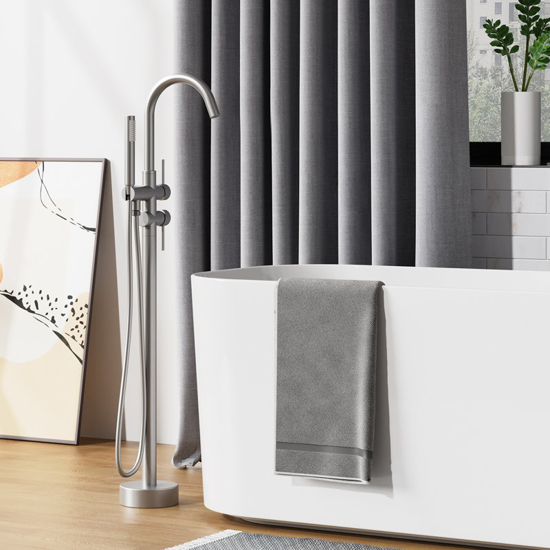 Robinet de baignoire avec douche à main, robinet de baignoire à fixation au sol avec robinet mélangeur haut débit, système de robinet de douche sur pied, joint d'huile brossé rond à double poignée FF012