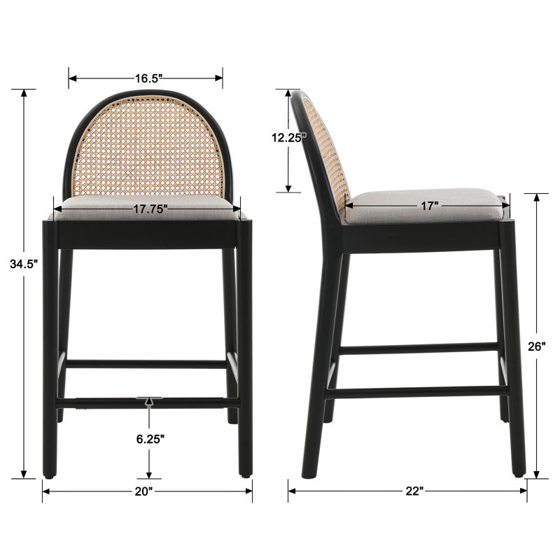 Gray and Black Rattan Backrest Wood Frame Counter Stools, Set of 2