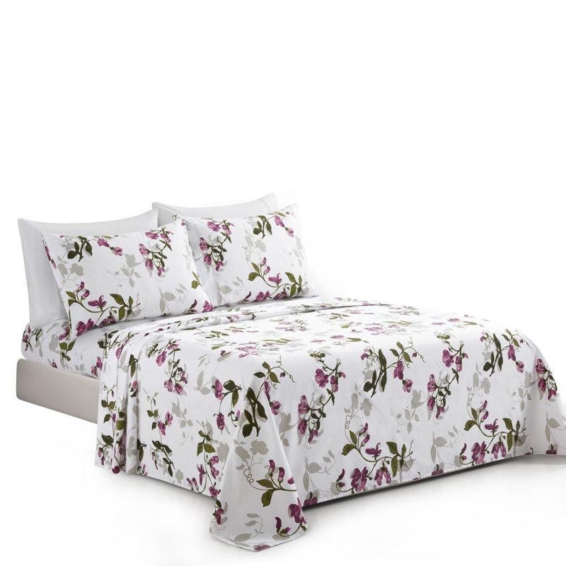 Queen Pink Floral Print Bamboo Polyester Deep Pocket Bedding Set