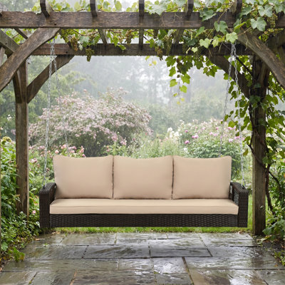 69" All-weather Pe Wicker 3-person Porch Swing - Double-strand Weave, Heavy-duty Chains & Removable Cushions For Patio, Poolside & Garden