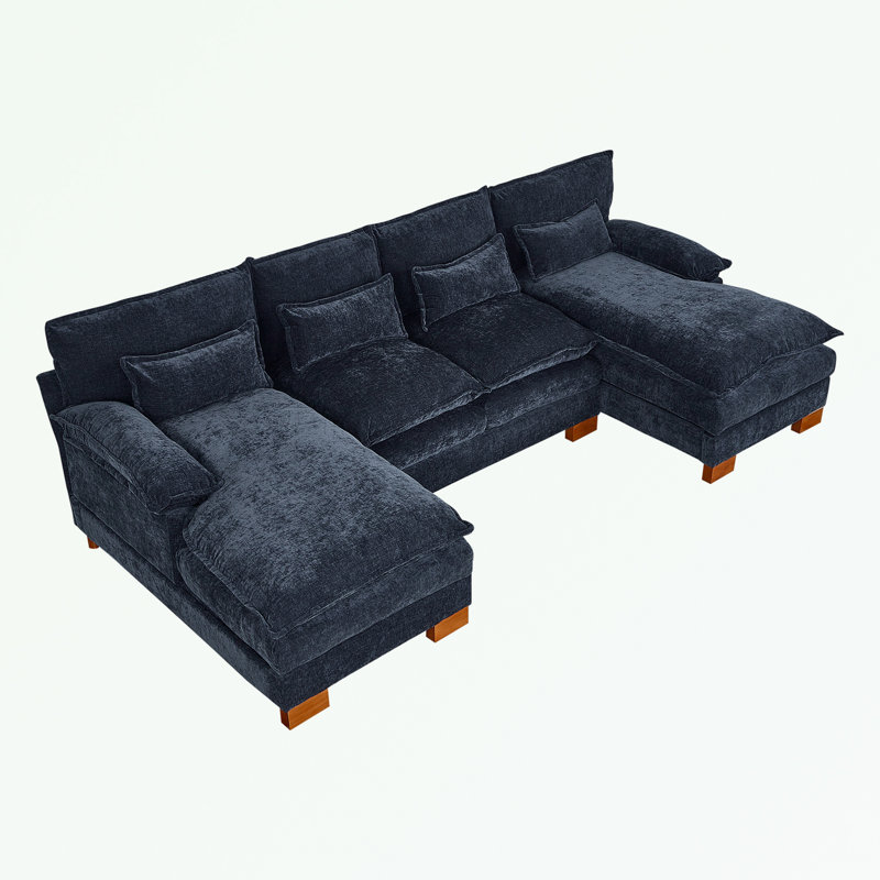 Canapé modulaire en U avec 2 repose-pieds et coussin moelleux, Chenille bleu