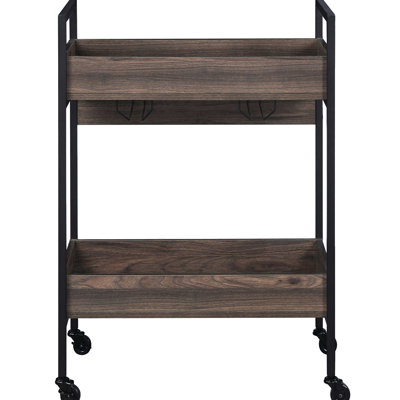 Chariot de service mobile brun + noir avec 2 tablettes, porte-gobelet, étable pour salle à manger élégante en noyer et noir, fabrication