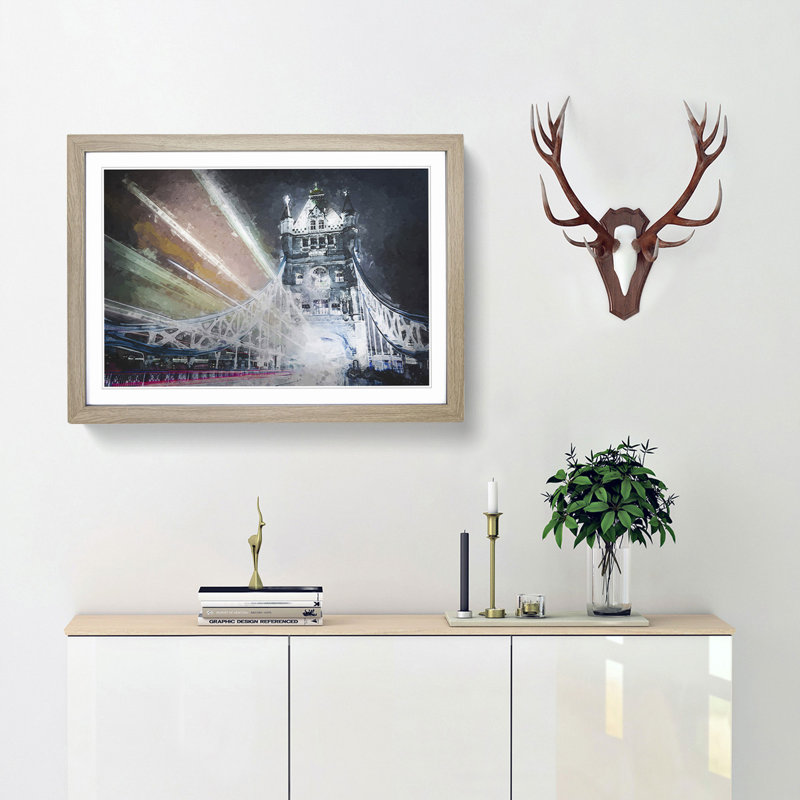 The Tower Bridge in London England in Abstract - Picture Frame Painting Print, Oak, 40cm H x 60cm W x 2cm D