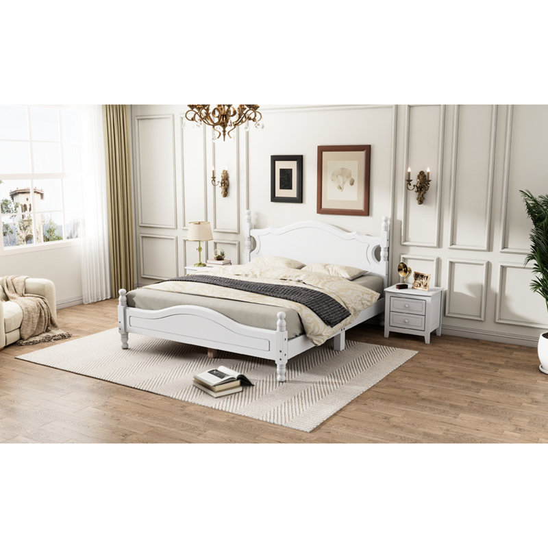 Queen Bed, White With Retro Wooden Slat Platform For A Lasting Bedroom Experience Bed Frame In White, Style Strong Construction