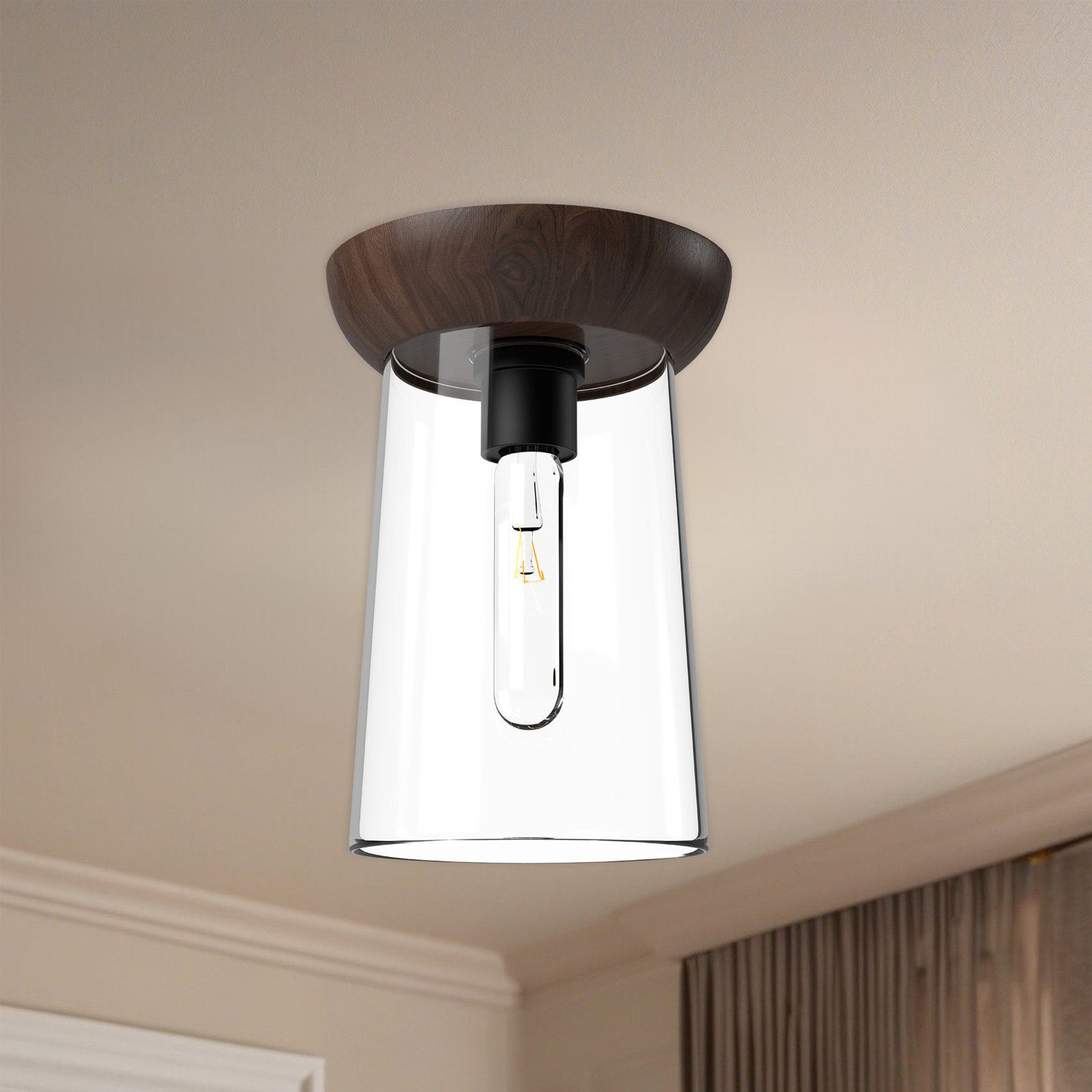 Tabitha Single Light Glass Flush Mount, Matte Black/Walnut