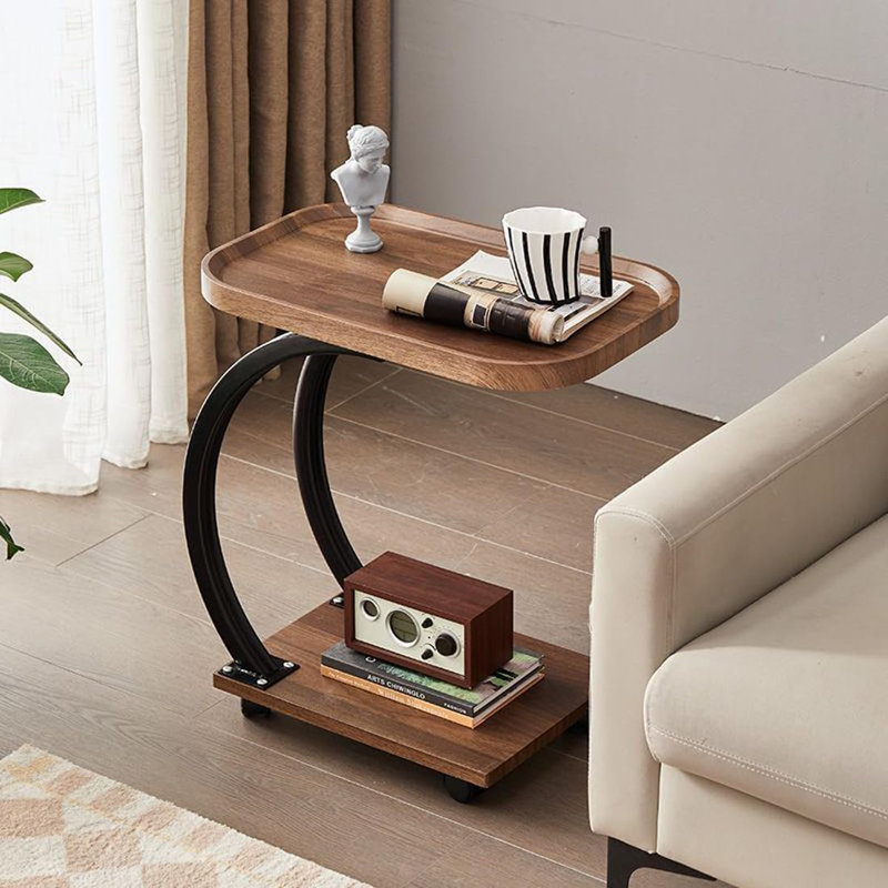 C Shaped Side Table With Wheels, Modern C Table End Table For Sofa And Bed, Small Couch Tables That Slide Under, Wooden C Shaped End Table For Couch, Coffee C Table For Small Space(Walnut)