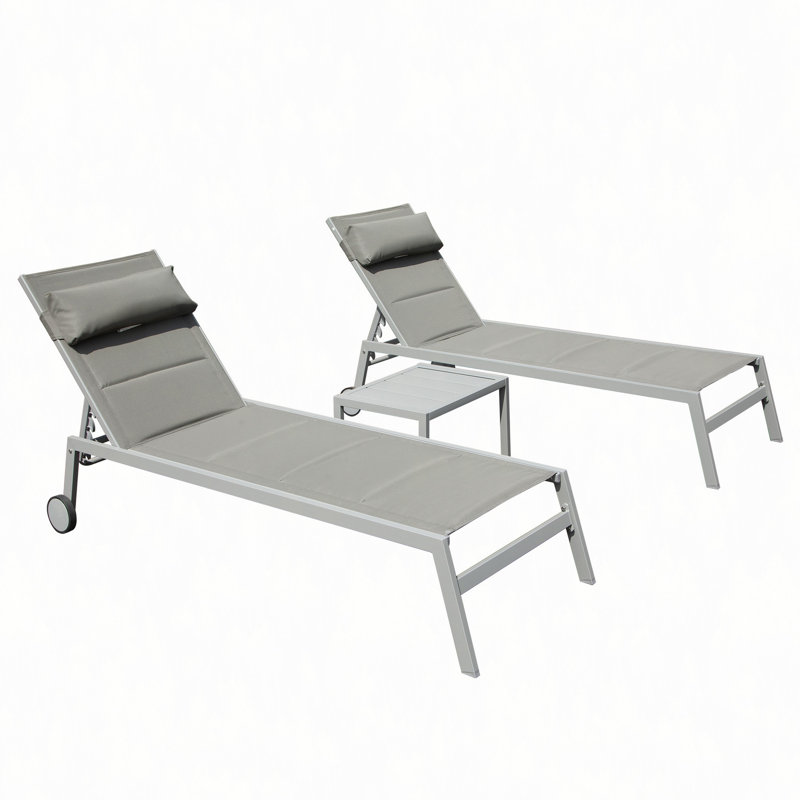 Outdoor Patio Chaise Lounge Set Of 3, Aluminum Pool Lounge Chairs With Side Table And Wheels, PVC-coated polyester Padded Adjustable Recliner All Weather For Poolside, Beach, Yard, Balcony
