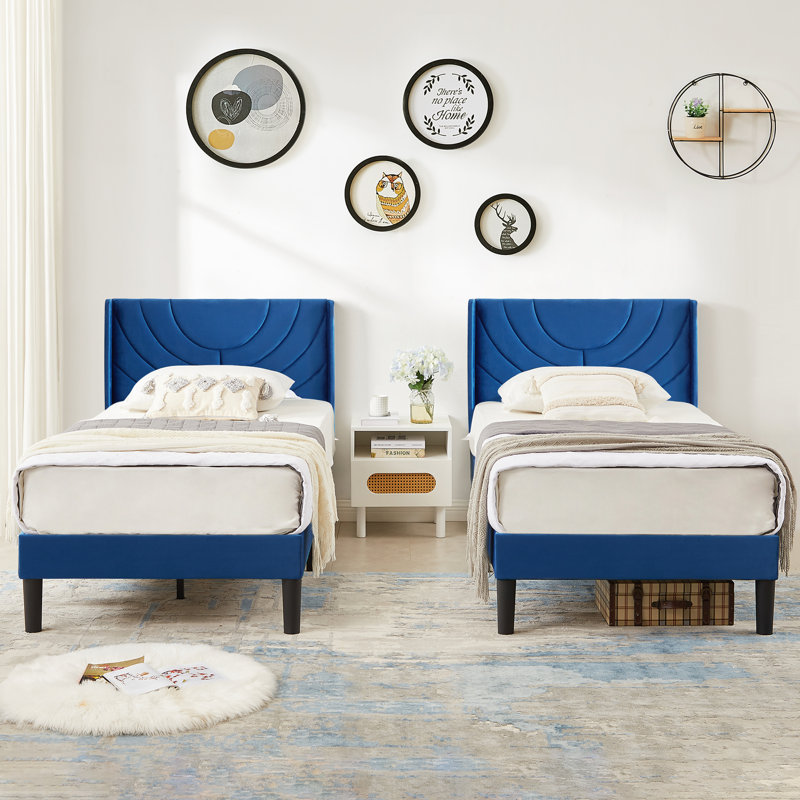 Rehnuma Twin Bed Upholstered Platform with Headboard and Strong Wooden Slats, Dark Blue