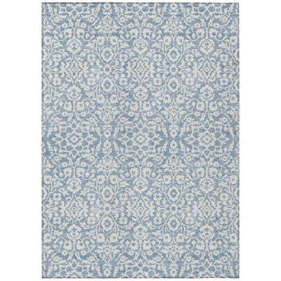 10' X 14' Denim Blue Damask Washable Indoor Outdoor Area Rug