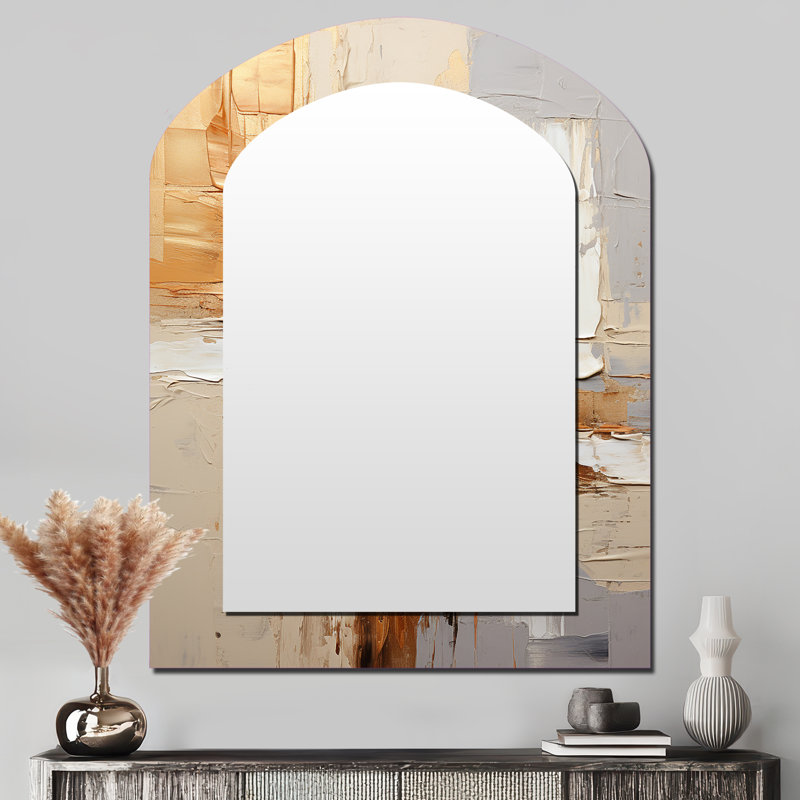 Beige Grey Geometric Collage II - Abstract Collages Arch Decorative Mirror, Modern Asymmetrical Large Wall Mirror, Printed Metal Art