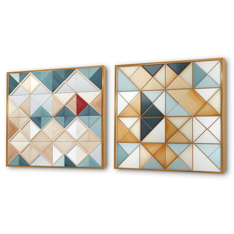 Coragh - Ensemble de 2 collages de formes carrées abstraites, H 16 po x l 33 po, Cadre flottant doré