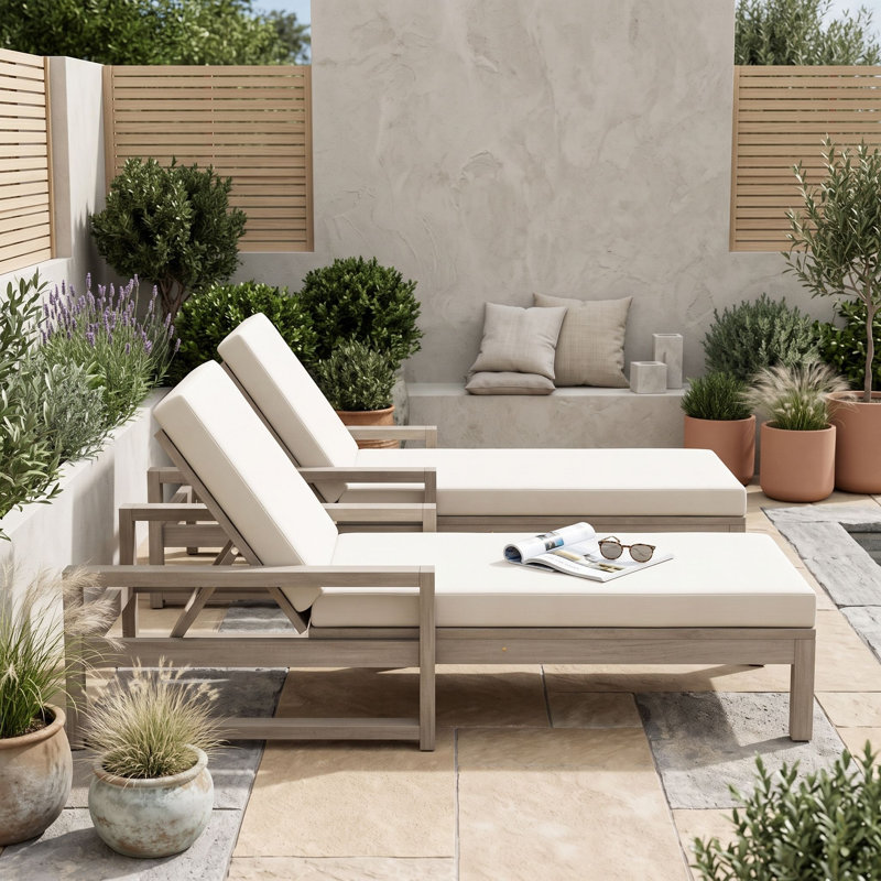 Chaises longues d'extérieur en bois à 5 positions avec coussins, dossiers réglables et accoudoirs intégrés, Grey