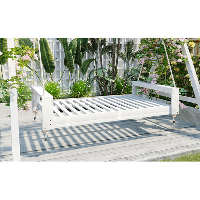 Twin Size Outdoor Porch Swing, Wood Frame, 98 - Inch Hemp Ropes, White, Suitable For Lazy Days Swing Bed Of Wood, Secure And Stable, Ideal Lounging