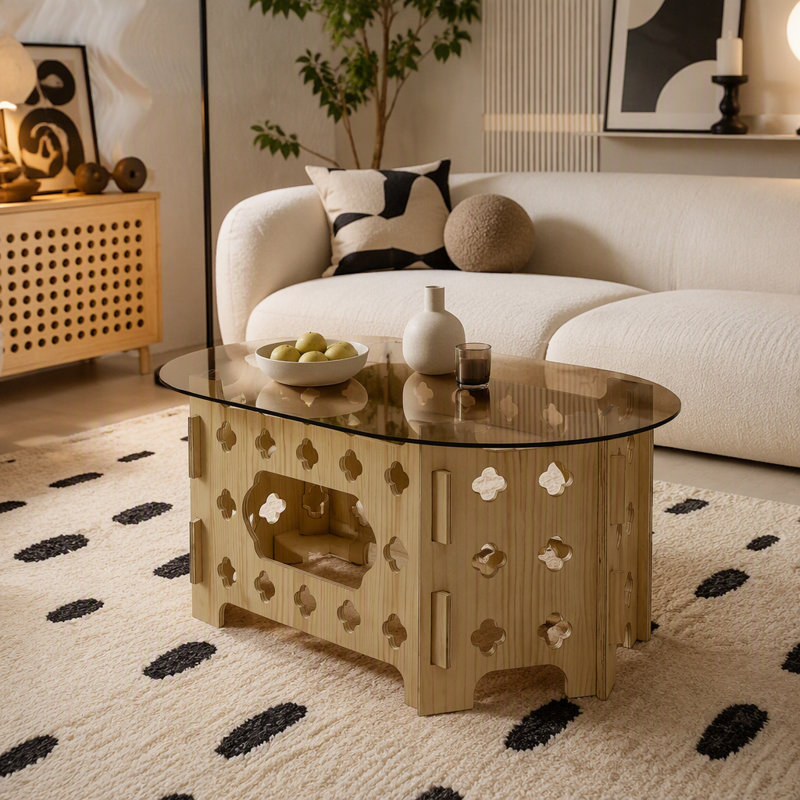 Table basse avec plateau en verre trempé caramel, table basse avec table basse en bois sculpté, 38,6 po ovale