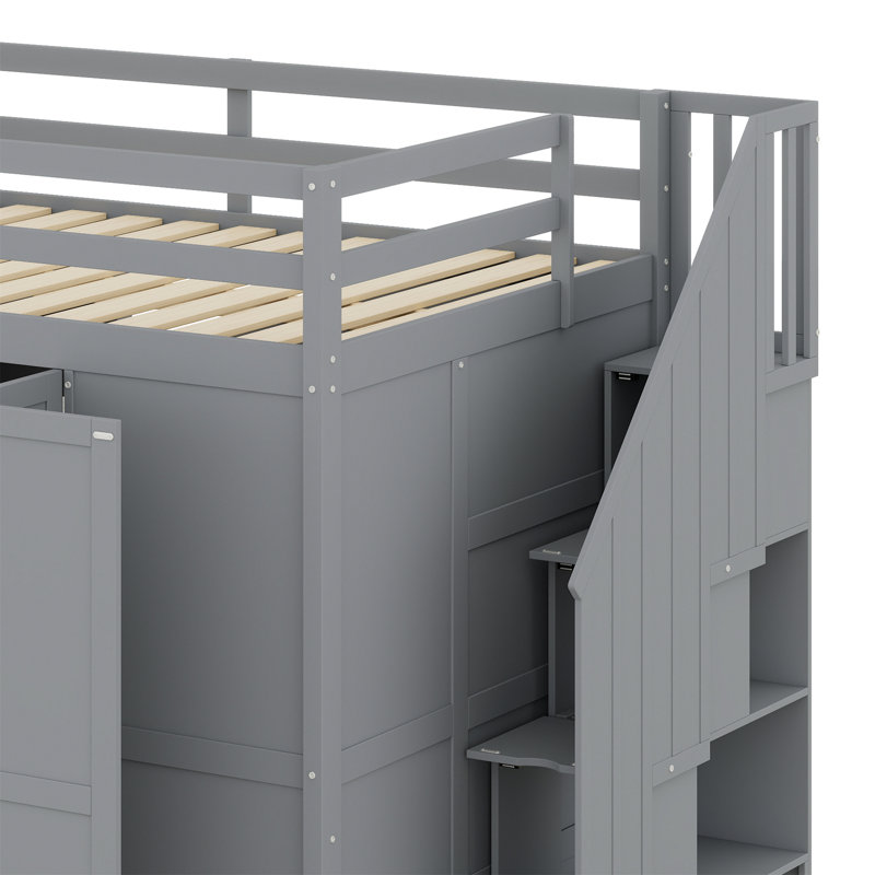 Lit mezzanine avec garde-robe, bureau et tablettes, Gris