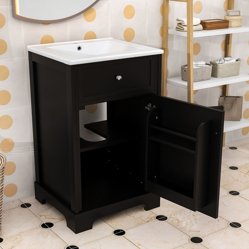 Meuble-lavabo de salle de bain avec lavabo en céramique, armoire à fermeture en douceur, tablette réglable et support de rangement