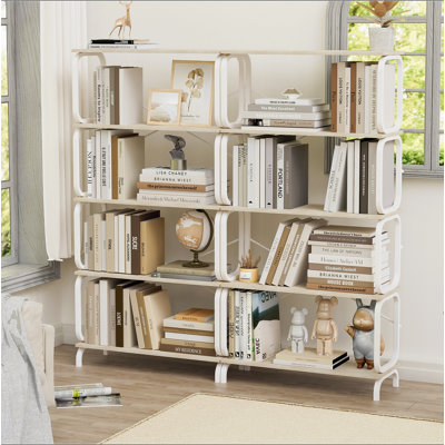 Grande bibliothèque à 5 niveaux, bibliothèque ouverte pour bureau à domicile, tablettes pour le salon, tablette de bureau, bibliothèque de style industriel rétro avec structure en métal blanc