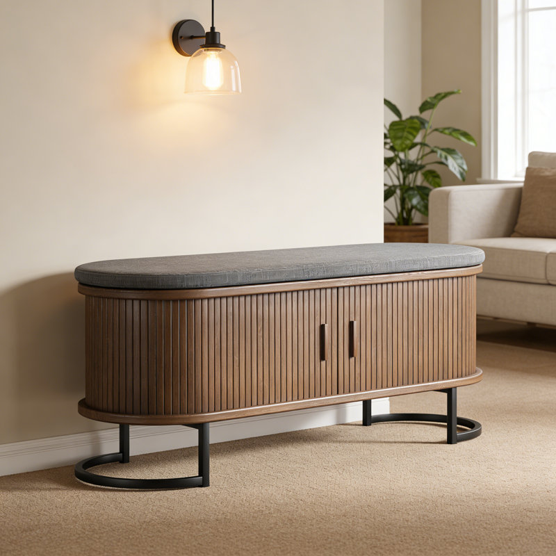 Banc de rangement 47,2 po en noyer avec portes coulissantes, banc à chaussures rembourré avec base en métal robuste et coussin moelleux, organisateur multifonctionnel pour l'entrée, la chambre à coucher et le salon