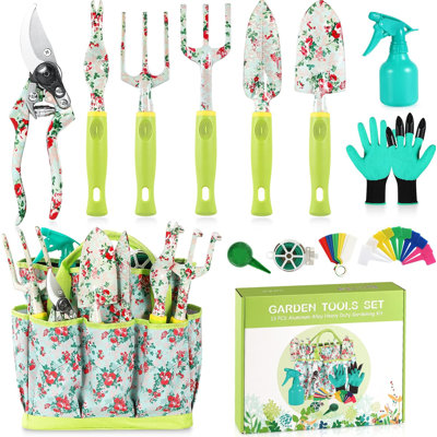 Gardening Tool Set - 13 PCS Heavy Duty Aluminum Gardening Tools Kit Floral Print Garden Tool Set With Non-Slip Rubber Handle & Durable Storage Tote Bag Gardening Supplies Gifts For Women Men