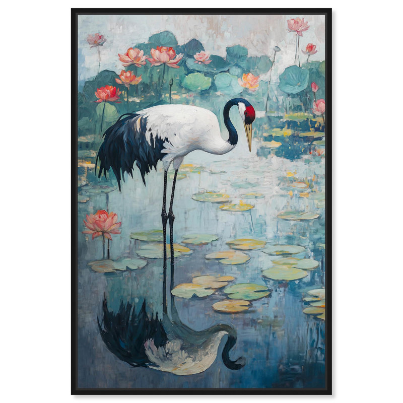 Crane in Lilies II, toile élégante par Crane , Structure noire, H 16 po x l 11 po
