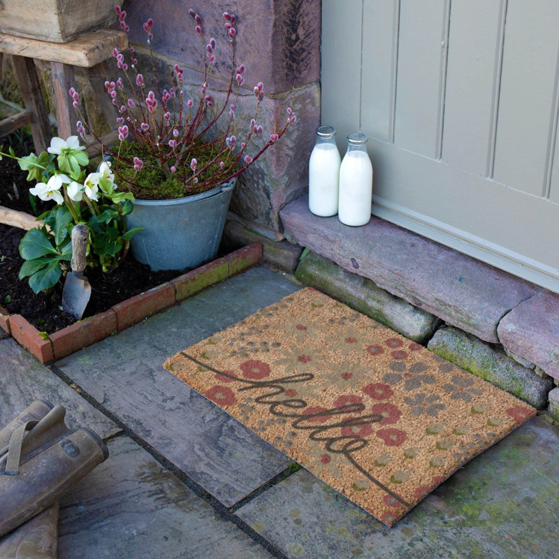 Hello Scribbly Floral Coir Doormat, Dark Brown, 40cm W x 60cm L