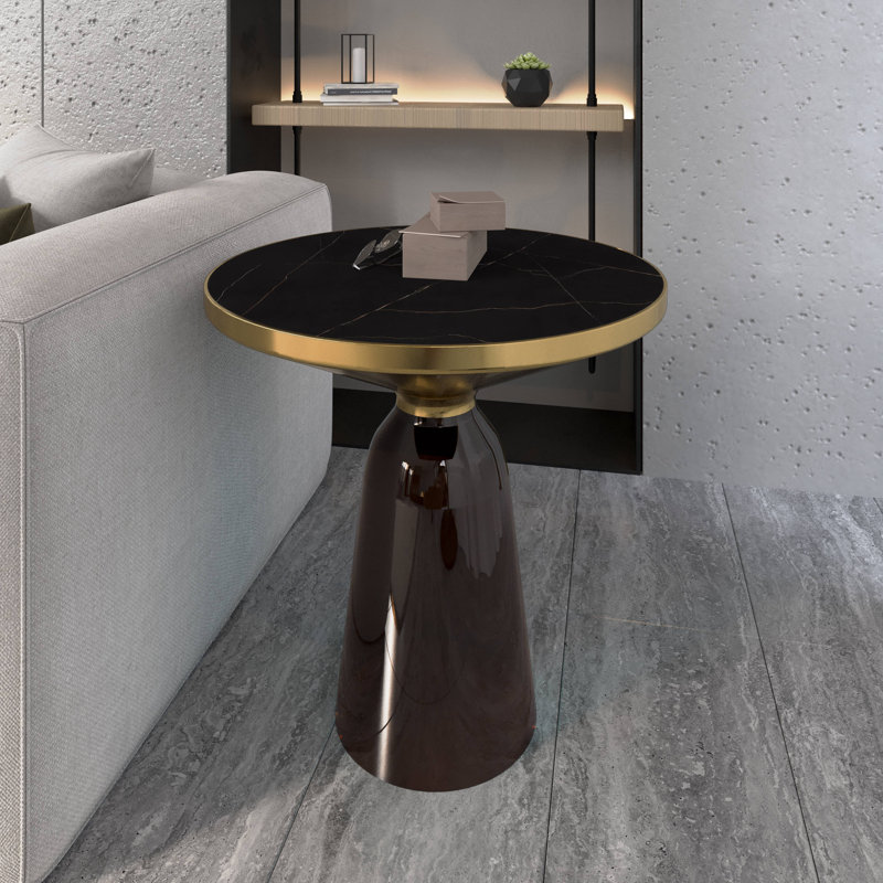 Table de bout ronde 19 po avec plateau en verre fritté et bordure en or brossé et base en verre trempé, Black Stone, Gris