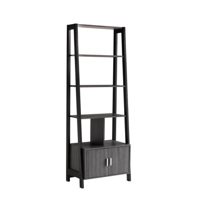 Four Open Shelves And Two Door Cabinet Bookcase In Black & Grey Nuance, 71"h X 26.11"d 16.15"w, Particle Board, Metal Bar Handles, 10lb Max Shelf Load - Style Design, Capacity