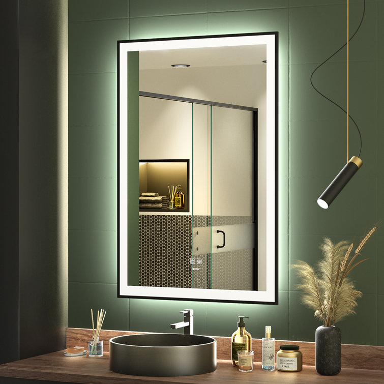 Orren Ellis LED Black Framed Bathroom Vanity Mirror, Illuminated Dimmable  Anti Fog Makeup Mirror, Color Light  Reviews Wayfair
