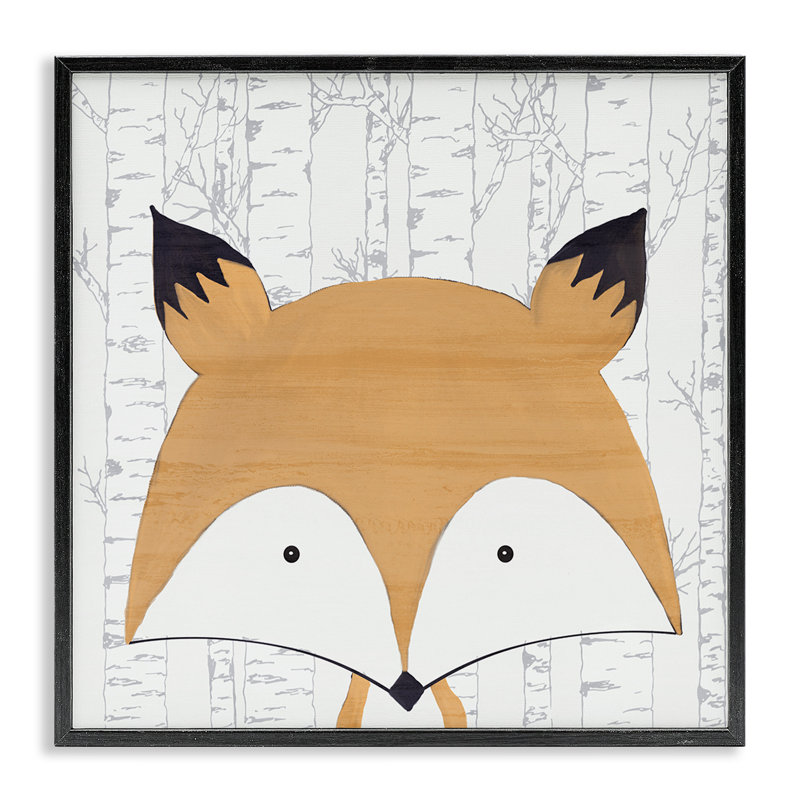 «Whimsical Fox on Birch», estampe numérique, conception de Kim Allen, H 24 po x l 24 po, Giclée encadrée noir minuit