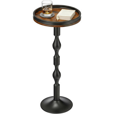 Drink Table With Weighted Base, Industrial Metal And Wood Pedestal End Table With Tray Top, 27" Tall Martini Table For Small Spaces, Living Room, Or Bedroom