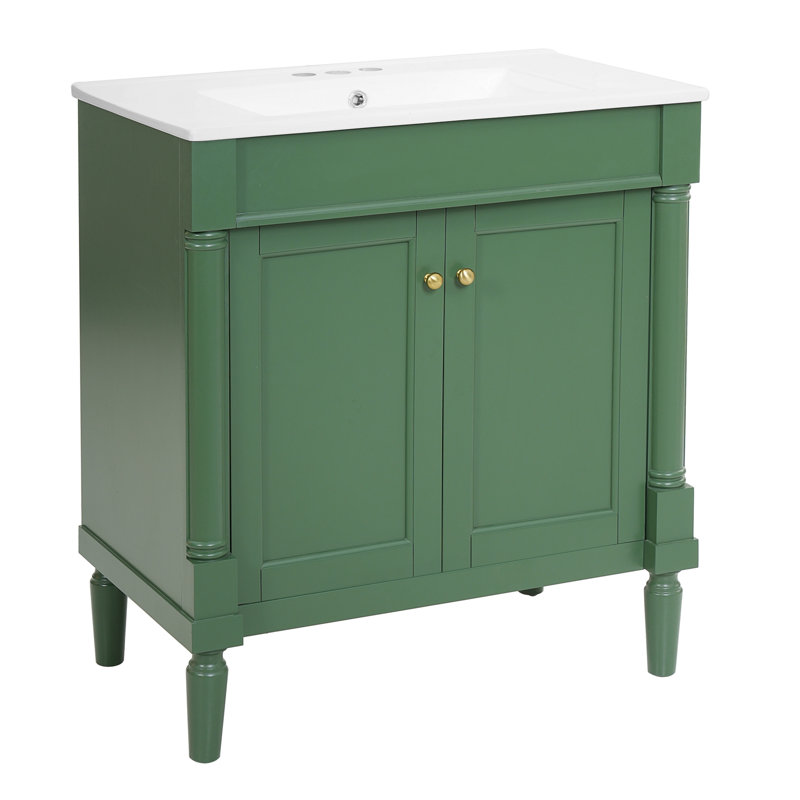 Meuble-lavabo de salle de bain avec lavabo en céramique, portes à fermeture douce et pieds en bois, Green
