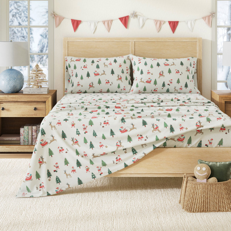 100% Turkish Cotton Flannel Christmas Sheet Sets, Santa, California King with 2 Pillowcases